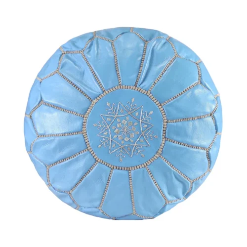 Pouf marocain en cuir bleu ciel
