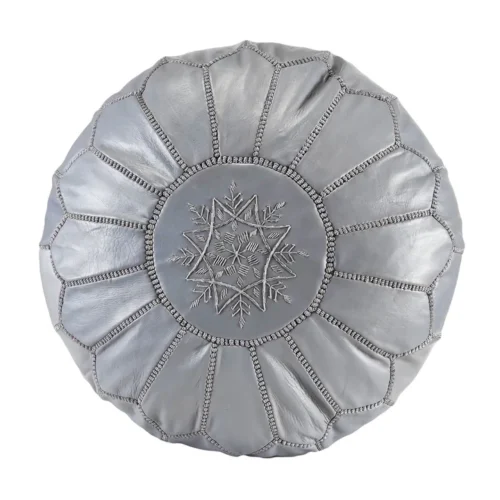Pouf marocain en cuir gris argenté