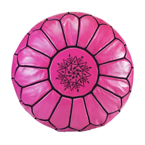 Pouf marocain en cuir rose fuchsia