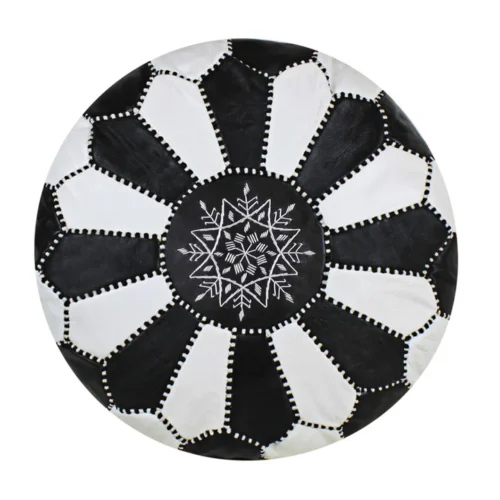 Pouf marocain en cuir noir et blanc
