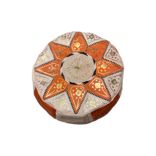Pouf marocain en cuir orange et doré